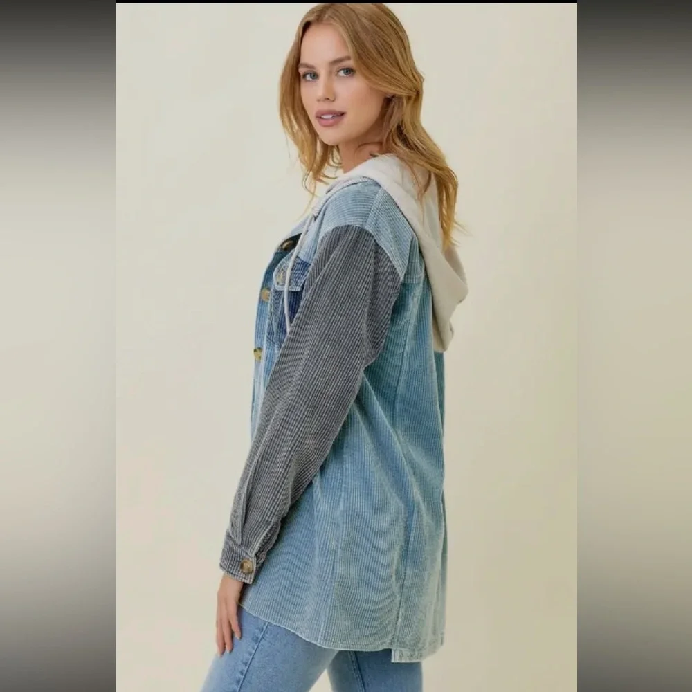 360. Hoodie Jacket Corduroy Washed Color block Blue Mix S, M & L NEW Item NWT - Picture 4 of 8